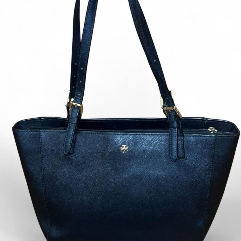 Tory Burch Black Leather Tote Shoulder Bag Gold Logo Classic Work Bag